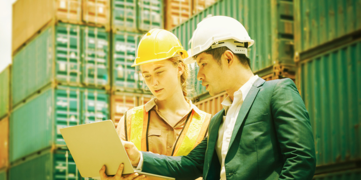 Container Shipping Logistics Engineering of Import/Export Transportation Industry, Transport Engineers Teamwork Controlling Management Containers Box on Laptop at Port Ship Loading Dock. Business Team