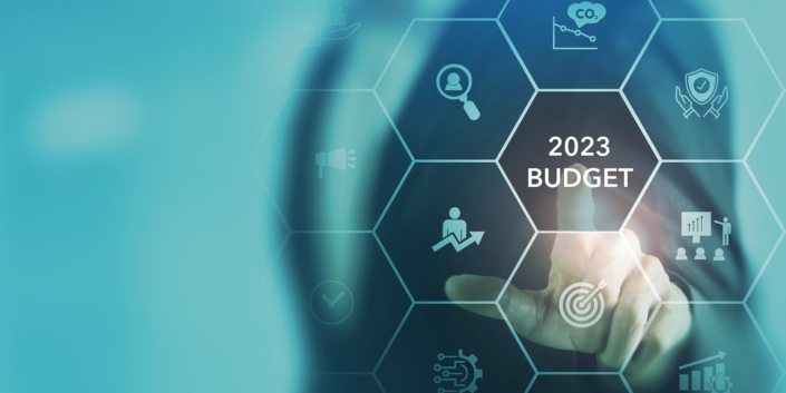 2023 Budget planning and management concept. Company budget allocation for business or project management. Effective and smart budgeting. Plan, review, approve, allocate, analyze and optimize budgets.